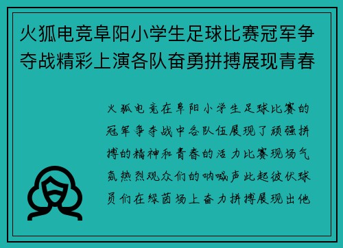 火狐电竞阜阳小学生足球比赛冠军争夺战精彩上演各队奋勇拼搏展现青春风采