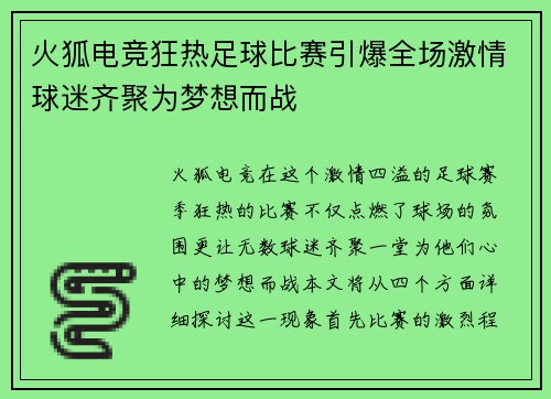 火狐电竞狂热足球比赛引爆全场激情球迷齐聚为梦想而战