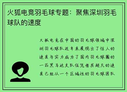 火狐电竞羽毛球专题：聚焦深圳羽毛球队的速度